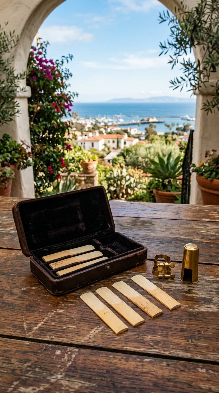 Illustrated — cane reeds in an open reed case and laid out on a weathered table, a gold ligature and mouthpiece cap beside them, a harbor view through an arch behind