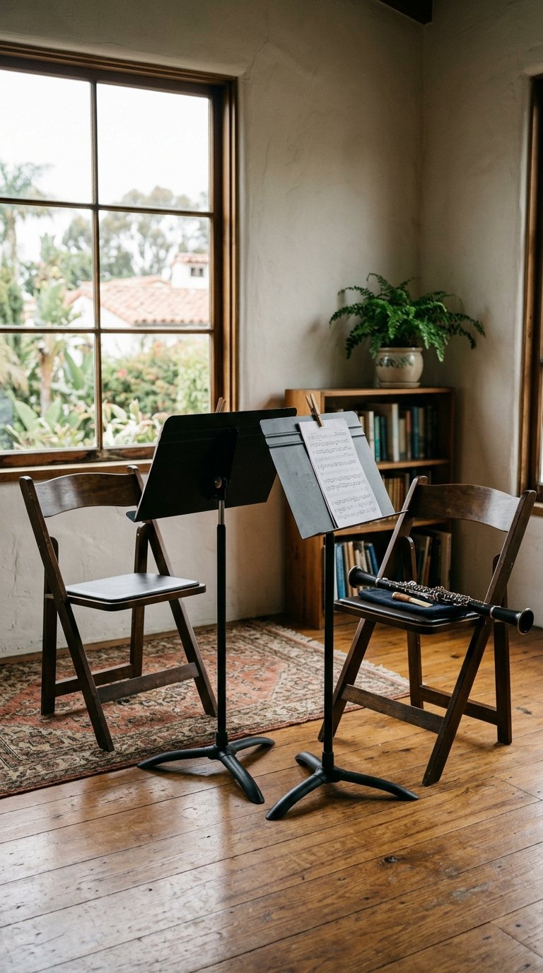 Illustrated — two wooden chairs and two music stands in a quiet room, a clarinet resting on a cloth on one chair, a bookshelf and a window behind