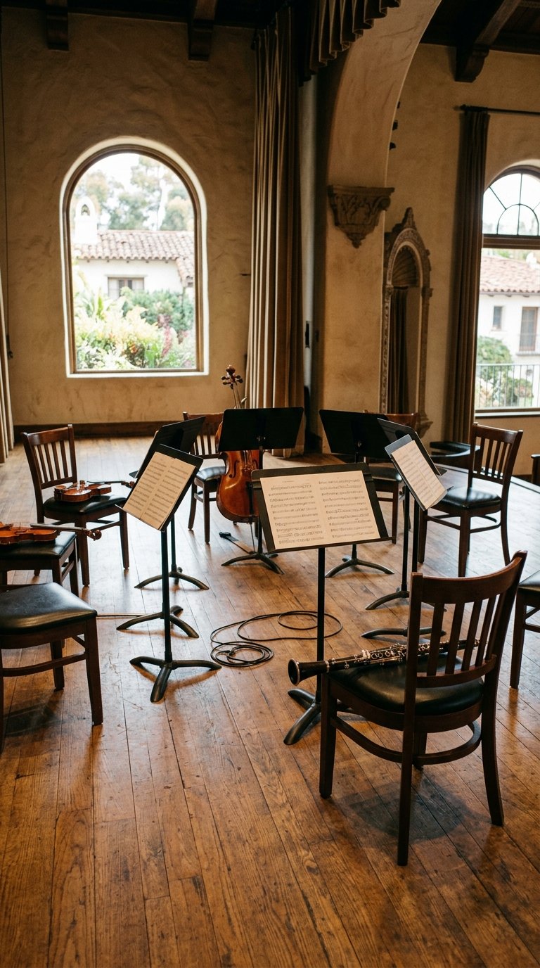 Illustrated — music stands and chairs set in a semicircle on a wooden stage under arched windows, violins on two chairs, a cello at the back and a clarinet on the nearest chair