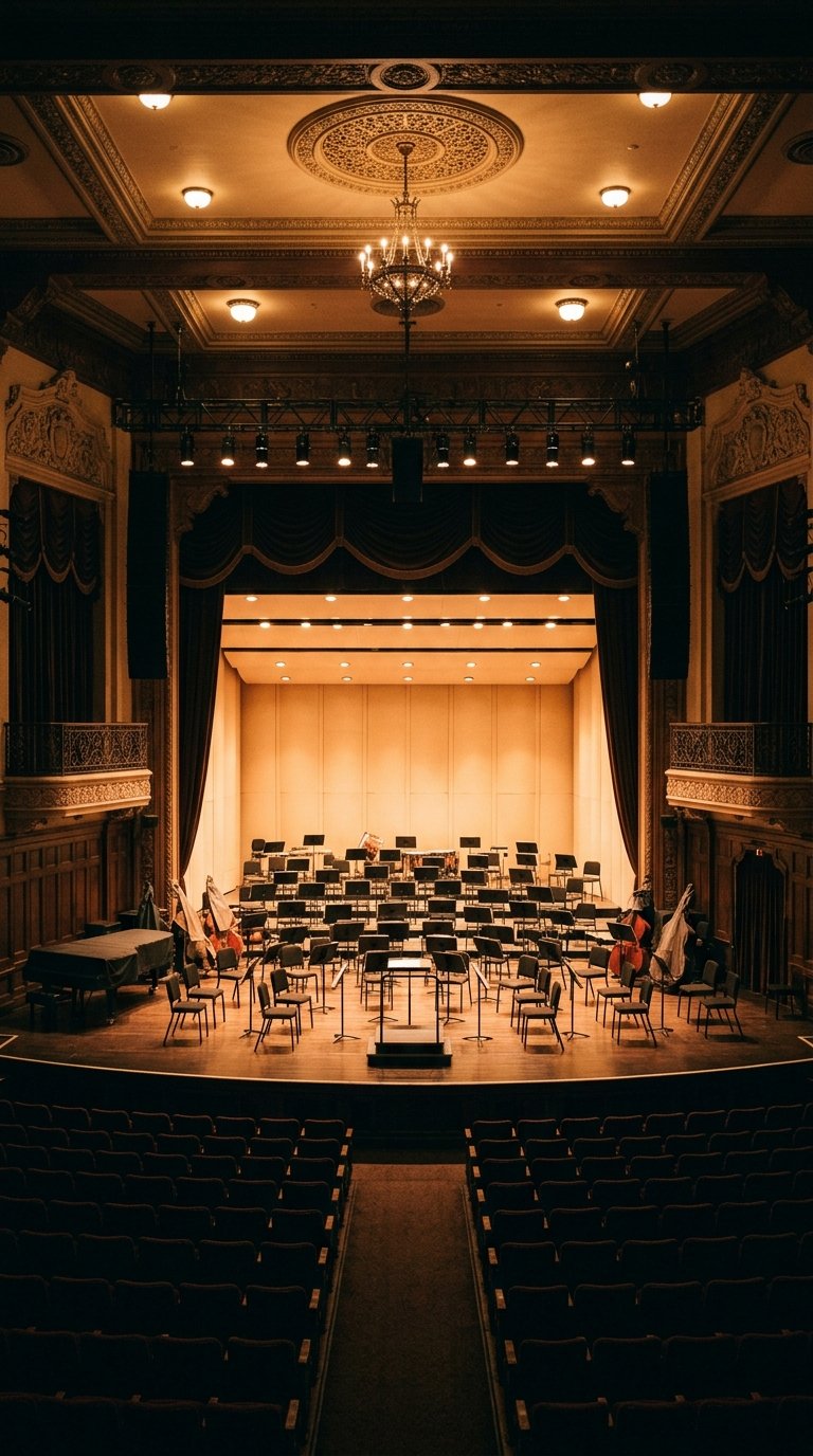 Illustrated — an empty concert hall seen from the aisle, chairs and stands set on a lit stage under a chandelier