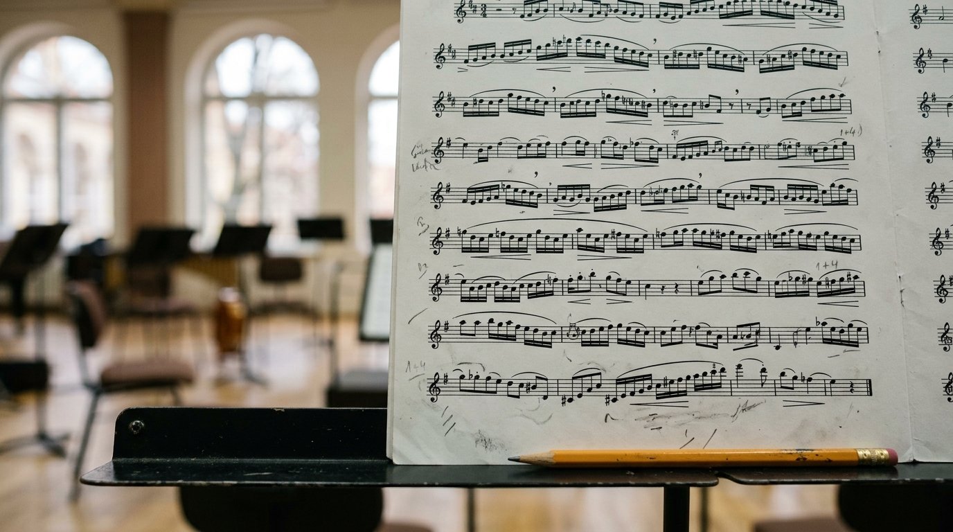 Illustrated — a clarinet part on a black music stand marked in pencil with fingerings and breath marks, a yellow pencil on the ledge, an empty rehearsal room with arched windows behind