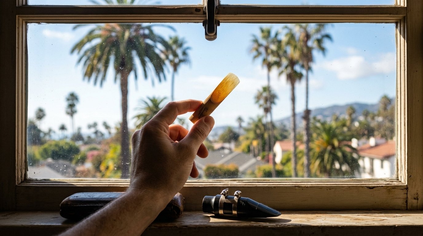 Illustrated — a hand holding a cane reed up to the light at a window, a mouthpiece with its ligature on the sill, palms and tile roofs outside